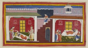Add 15296 (1) f.22r. Manthara は上から降りて右側のカイケーイーの寝室に入り、差し迫った戴冠式の知らせで彼女を目覚めさせる. カイケイーはまず喜びと上昇に満ち、マンタラーに彼女の周りからネックレスをプレゼントします。 作： Indian School