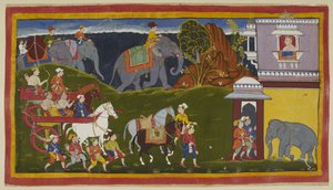 追加 15296 (1) f.4r、バラタ、シャトルグナとその叔父は、従者と 2 頭の先導された乗馬馬と共に、水平線を越えて荷を積んだ象と共に、バラタの母方の祖父であるケカヤ王の宮殿に到着します。 外を見る 作： Indian School
