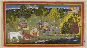 Add 15296 (1) f.63r, 仲間は Srngaverapura Rama でガンガー川に到着し、Sita は Ingudi の木であると意図された木の下のわらのマットに座り、Laksmana と Sumantra は同様に彼らに面して座っています。 馬は無傷でした 作： Indian School