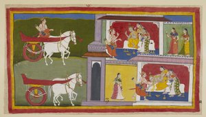 追加 15296 (1) f.72r、左側で、スマントラはアヨーディヤーに戻り、王にラーマの最後のメッセージを伝えるために宮殿に入ります。王は、カウサリヤとスミトラが彼のそばに座っています。 王は気絶し、スマントラと女王に捕まります。 作： Indian School