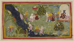 Add 15296 (1) f.79r. Dasaratha は若い頃、狩猟中に賢者の息子を誤って殺してしまった事件について女王たちに話します。 左のダシャラタは、反対側の水差しに水を入れている若者に誤って弓を向けています。 作： Indian School