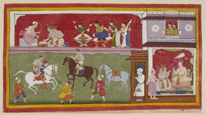 追加 15296 (1) f.7r、宮殿の右側では、王子たちが国王に宗教、芸術、科学の教師を求めています。2 人の女性の上では、カーペットを敷いた jharokha の窓から左側で彼らを見下ろしながら練習しています。 運動場での馬術。