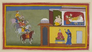 追加 15296 (1) f.83r、馬に乗った 4 人の使者がケカヤの街に近づき、付き添いが父親の恐ろしい夢を見たバラタを起こそうとします。 それらの 1 つでは、下に示されているように、王様は地味な服装をし、アイロン (ここでは青) に座っています。 作： Indian School