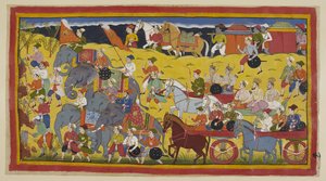 15296 (1) f.97r を追加。王子たちは教祖、牧師、軍隊を率いて森に向かい、道を作るために木を伐採する男たちと王族の象が先行した。 2頭の同腹児が女王を運び、その前に2頭の導かれた乗馬馬が続きます。 作： Indian School
