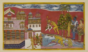 追加 15296 (2) f.16r、キスキンダ宮殿の外に戻る 作： Indian School