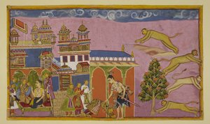 Add 15296 (2) f.38r. Laksmana は Sugriva の宮殿に入る。後者は地面にひれ伏し、大臣たちを後ろに座らせる。 二人は和解する。 左側では、Sugriva と Laksmana がソファで会話しています。 スグリーヴァはハヌマーンに「こんにちは」と言う 作： Indian School