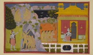 追加 15296 (2) f.64r、サルはスヴァヤンプラバーに行方不明のシーターを探していることを話し、彼女は洞窟の謎と、どのようにしてその素晴らしい場所に住むようになったかを彼らに話しました。 サルは、自分の行動を遅らせると、スグリーバの怒りを恐れます。 作： Indian School