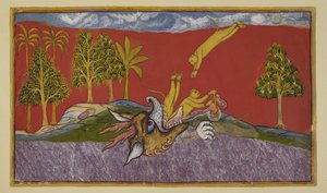 追加 15296 (2) f.87r、ハヌマーンは悪魔シンヒカの口に飛び込みます 作： Indian School
