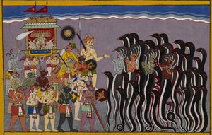 追加 15297(2) f.43r ラーヴァナは、海の底にある地獄である水域またはラーサタラに降ります。 水の神であるヴァースキとナーガが手を組んで描かれ、デモに囲まれた彼の戦車でラーヴァナによって征服されています。 作： Indian School