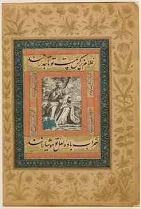 追加。 または。 MS 3129 f.43r エジプトへの逃亡中に休む聖母子のヨーロッパの彫刻、「Dara Sikoh」アルバムのイラスト、1640 年頃 (紙に色、グワッシュ、金で彫刻) 作： Indian School