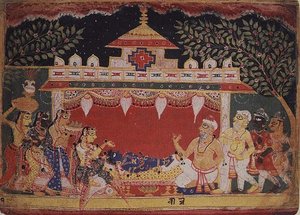 散布された「バガビタ・プラーナ」からの幼いクリシュナの崇拝（ラジャスタン州メワール市 作： Indian School