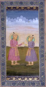 アクバーは宝石の羽を息子のジャハンギールに渡しました、1845年頃（不透明なトイレと紙の上の金） 作： Indian School
