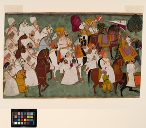 アキ・シンが側近と一緒に乗っている様子、1750年頃（不透明水彩・金・紙 作： Indian School