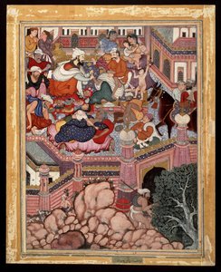 Amr、外科医のMazmahilを装った、アンタリの魔術師に関するおとり騒ぎ1570（不透明な水彩、綿に金） 作： Indian School