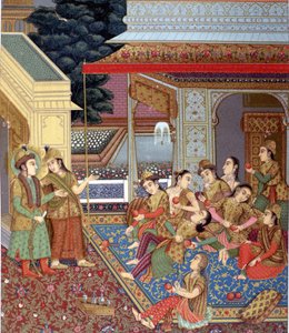 インドのハーレム。モゴールのミニアチュール（16〜17世紀に活躍したインドの細密画の一派）のイラスト。 作： Indian School