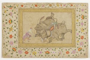 象の戦闘、ボーダーフローラルアラベスク、c.1610（不透明なトイレと紙の上の金）