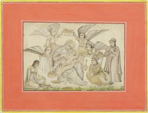 天使たちがメアリーとイエスに出席する、1665年頃（紙に不透明なトイレと金） 作： Indian School