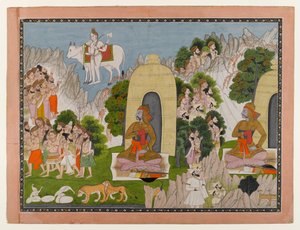 アルジュナスの苦行、マハーバーラタシリーズのシーン、1825〜40年頃（WCと紙に金） 作： Indian School