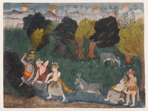 Balarama Kills the Ass Demon、分散したBhagavata Puranaシリーズのページ、1725年頃（紙に不透明な水彩と銀） 作： Indian School