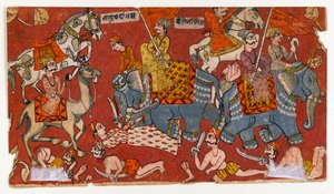 バガヴァタ プラーナ シリーズの戦闘シーン、1625 ～ 50 年頃（紙に水彩と金）（499329 の裏面） 作： Indian School