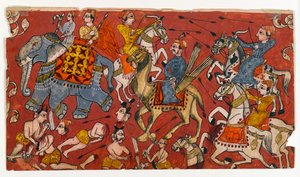 バガヴァタ プラーナ シリーズの戦闘シーン、1625 ～ 50 年頃（紙に水彩と金）（499330 の直訳） 作： Indian School