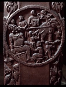 仏教。"猿が象を捕らえて、巨人の歯を抜くために引きずっている" detail du stupa de Bharhut (Barhut, Barouth) 黒い石の低層レリーフ、紀元前2世紀 - カルカッタ、インドの博物館 作： Indian School