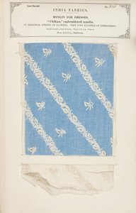 1866年に出版されたジョンフォーブスワトソンによる、インドの織物製造業者のコレクションからのベンガルのダッカからのチカン刺繍モスリンサンプル 作： Indian School