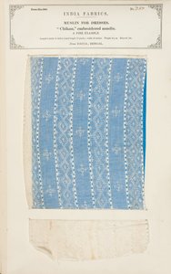 1866年に出版されたジョンフォーブスワトソンによる、インドの織物製造業者のコレクションからのベンガルのダッカからのチカン刺繍モスリンサンプル 作： Indian School