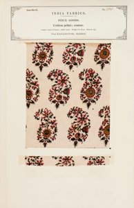 1866年に出版されたジョンフォーブスワトソンによる、インドの繊維製造業者のコレクションからのマドラスのマスリパタムからの粗い綿のプリントサンプル 作： Indian School