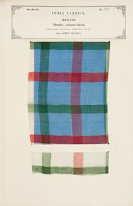 1866年に出版されたジョンフォーブスワトソンによる、インドの繊維製造業者のコレクションからの、マドラスのアーニーからのカラードチェックモスリンサンプル
