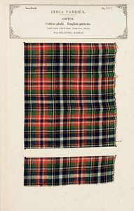 1866年に出版されたジョンフォーブスワトソンによる、インドの繊維製造業者のコレクションからのマドラスのマイラポアからの綿の格子縞のサンプル 作： Indian School