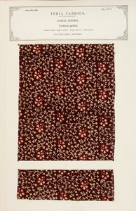 1866年に出版されたジョンフォーブスワトソンによる、インドの繊維製造業者のコレクションからのマドラスのベラリーの綿プリントのサンプル 作： Indian School