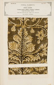 1866年に出版されたジョンフォーブスワトソンによる、インドの繊維製造業者のコレクションからのマドラスのアーコットからの茶葉（チンツ）プリントの綿のサンプル 作： Indian School
