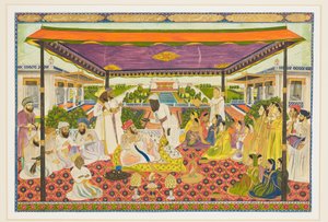 パノラマの宮殿と庭園を背景にした宮廷風景 作： Indian School