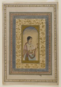 18世紀の窓の遊女（紙にトイレ、金、インクの洗浄） 作： Indian School