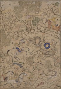 ライオンハントの危険、1600年頃（紙に不透明なトイレ） 作： Indian School