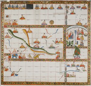 ヘビとはしごのゲームのデザイン、1800（布に取り付けられた紙にガッシュ） 作： Indian School