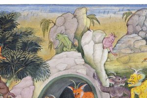 野生の風景の中の悪魔の詳細、1600年頃（紙に不透明なトイレと金） 作： Indian School