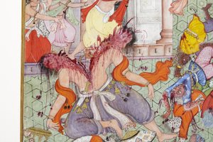 クリシュナからの詳細は、彼の円盤投げでデーモンNarakasuraを切り裂きます。1585-90年頃（紙に不透明なトイレとゴールド） 作： Indian School