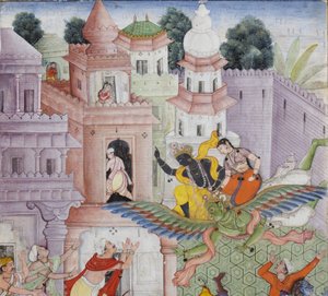 クリシュナからの詳細は、彼の円盤投げでデーモンNarakasuraを切り裂きます。1585-90年頃（紙に不透明なトイレとゴールド） 作： Indian School