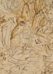 荒野のマジヌンの細部、1595年頃（不透明なトイレと紙に金色） 作： Indian School