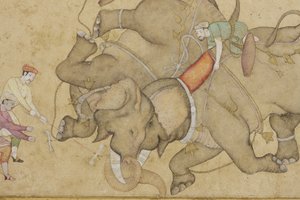 象の戦闘の詳細、ボーダーフローラルアラベスク、1610年頃（不透明なトイレと紙に金色） 作： Indian School