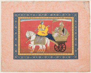 クルクシェトラの戦場でのクリシュナとアルジュナの対話、1820年頃（不透明水彩、金、紙 作： Indian School