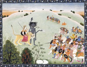 進化する悪魔のホストの前に立つドゥルガーとカーリ、1800年から1820年 作： Indian School