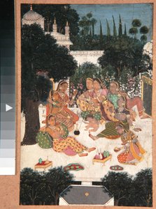宮殿のテラスに立つ8人の女性と子供、1760年頃（紙に不透明なトイレ） 作： Indian School