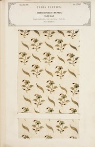 1866年に出版されたジョンフォーブスワトソンによる、インドの繊維製造業者のコレクションからのマドラスからの刺繍されたモスリンサンプル 作： Indian School