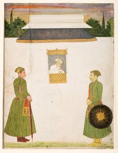 jharokhaの窓で皇帝アウランゲブ、前景に2人の貴族、c.1710（紙に不透明なwcゴールド） 作： Indian School