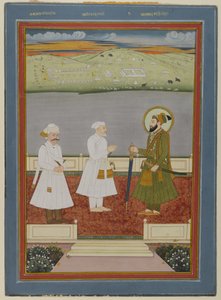 18世紀初頭の廷臣との皇帝の会談（不透明な水彩画と紙に金） 作： Indian School