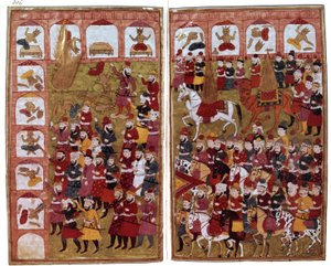 630年の預言者ムハンマドのメッカのカーバ神殿への入場、「ハムライハイダリ」、ミルザムハンマドラフィ作「バジル」のイラスト、1808年 作： Indian School