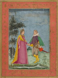 エリザベス朝の衣装を着たヨーロッパの紳士と女性、「ダラ・シコー」のイラスト、1630〜40年頃（ベラムに水彩と金） 作： Indian School